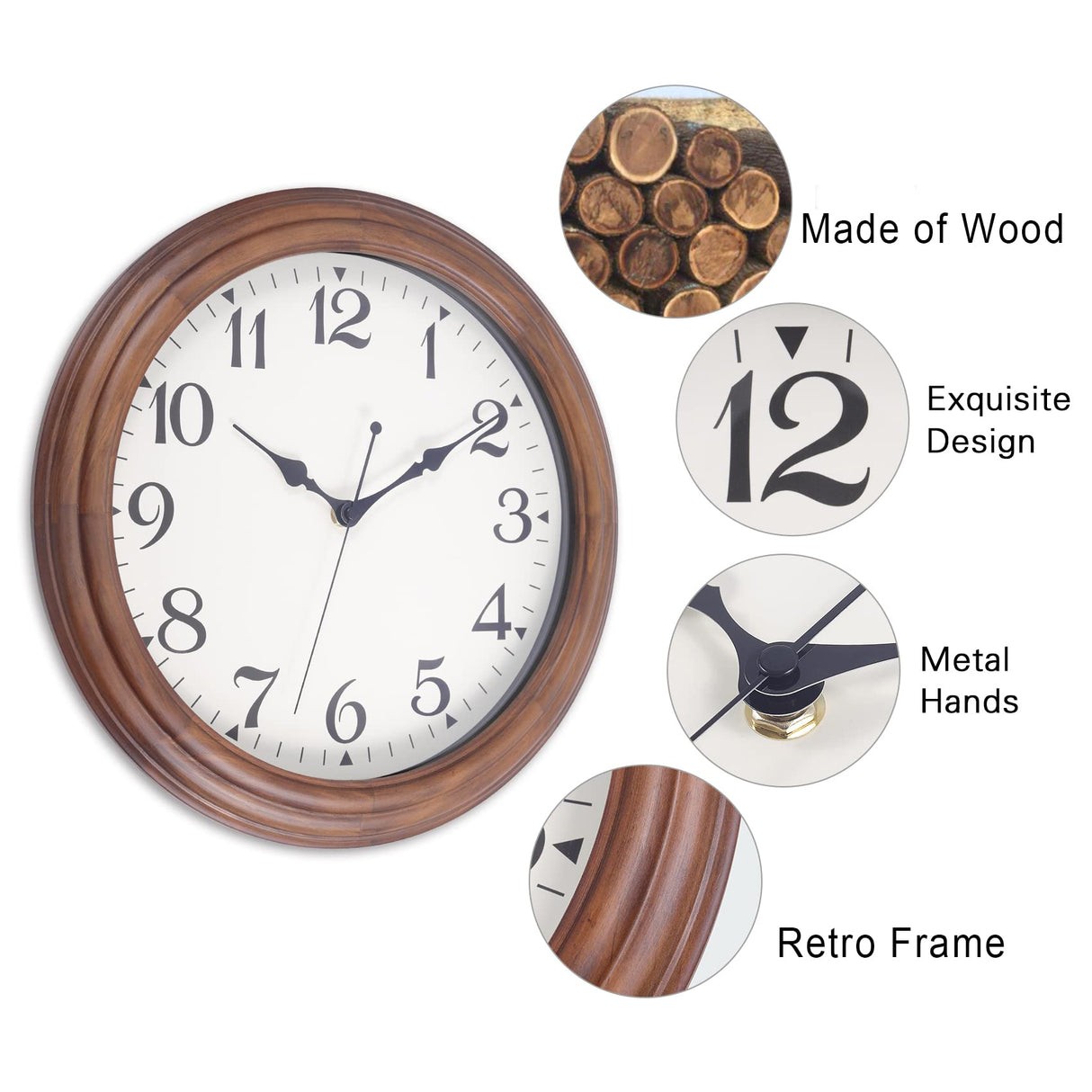 Vigorwise 14 Inch Wooden Wall Clock, Retro Wood Wall Clocks Battery Operated, Large Silent Sweep Movement Accurate Wall Clock for Living Room Bedroom Housewarming Xmas New Year Present Vigorwise
