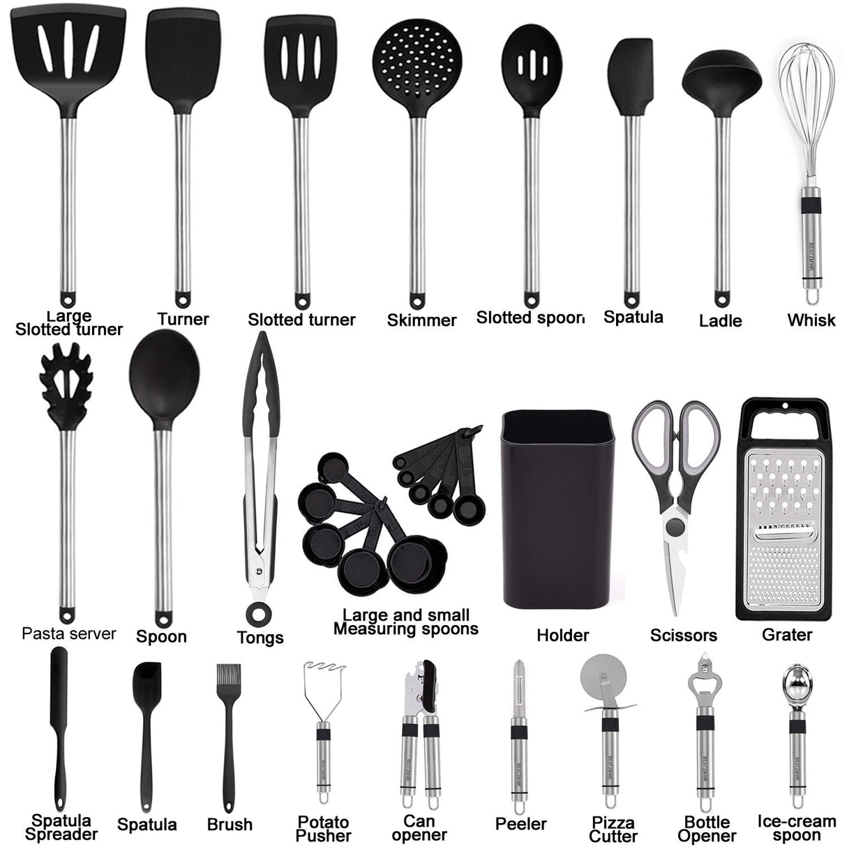 Kitchen Utensil Set-Silicone Cooking Utensils-33 Kitchen Gadgets & Spoons for Nonstick Cookware-Silicone and Stainless Steel Spatula Set-Best Kitchen Tools, Useful Pots and Pans Accessories BESTZMWK
