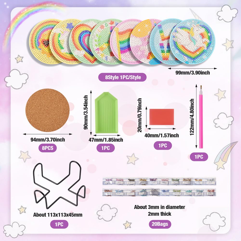 FASHEWELRY 8pcs Rainbow Diamond Painting Coaster Kit Diamond Art Crafts LGBT Pride Diamond Dot Coasters for Beginners, Adults FASHEWELRY