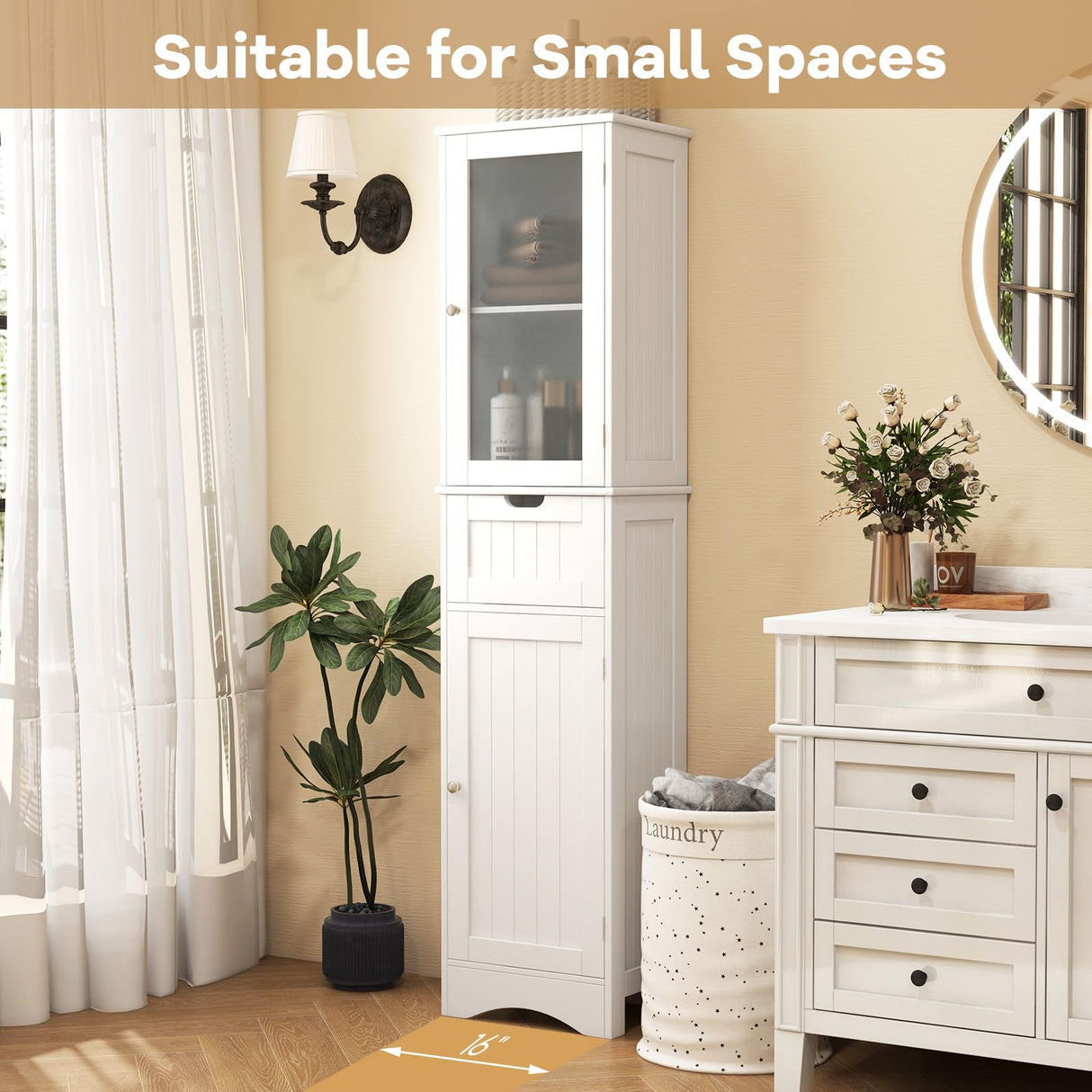 Tangkula 67" Tall Bathroom Storage Cabinet, Slim Freestanding Tower w/ 2 Doors & 1 Drawer, Narrow Floor Cabinet w/Adjustable Shelves & Tempered Glass Door for Bathroom Living Room (White) Tangkula