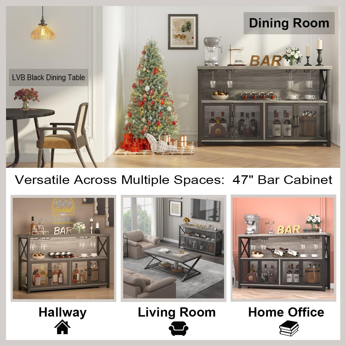 LVB Liquor Home/ Coffee Bar Cabinet, Industrial Farmhouse Modern Sideboard Buffet Cabinet for liquor and glasses with Wine Rack Storage for Kitchen Dining Living Room, Light Grey Oak 47 in LVB