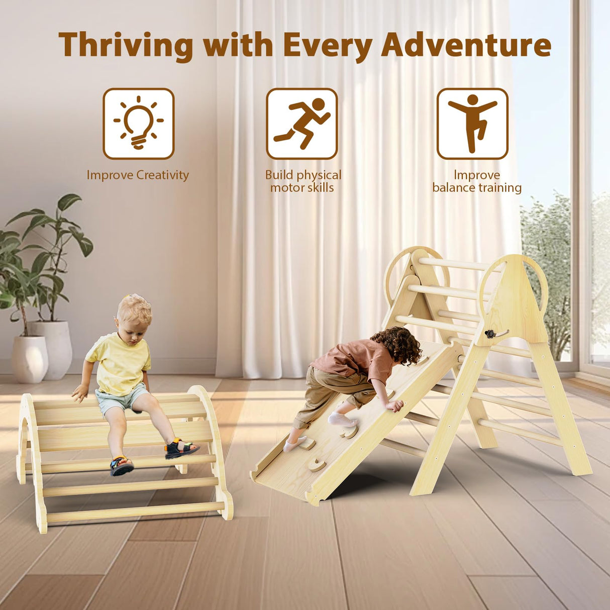 Doerpuz Pikler Triangle Set 7 in 1,Foldable Baby Climbing Toys Wooden,Toddler Climbing Toys Indoor,Climbing Toys for Toddlers 1-3,with Ramp, Arch and Ladder(Nature Wood) Doerpuz
