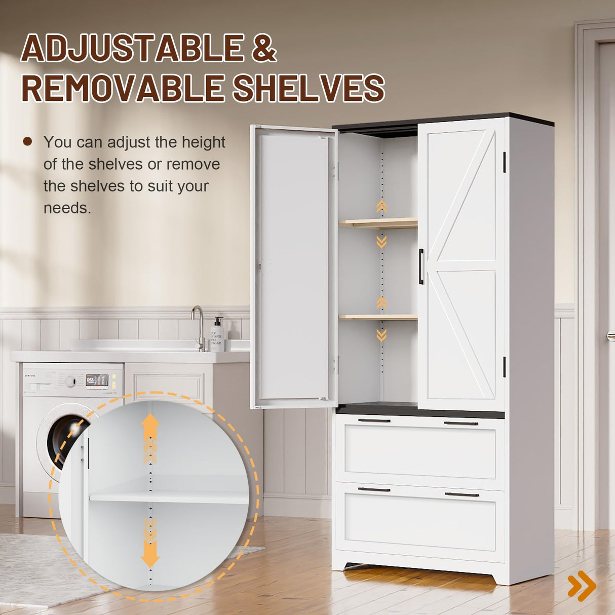 Eltean 71" Kitchen Pantry Storage Cabinet,Farmhouse Storage Cabinet with 2 Adjustable Shelves and 2 Drawers,Barn Doors Metal Storage Cabinets for Kitchen,Dining Room,Living Room Eltean