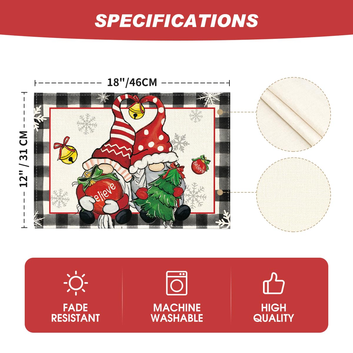 Artoid Mode Gnome Believe Xmas Balls Christmas Placemats Set of 4, 12x18 Inch Seasonal Winter Snowflake Table Mats for Party Kitchen Dining Decoration Artoid Mode