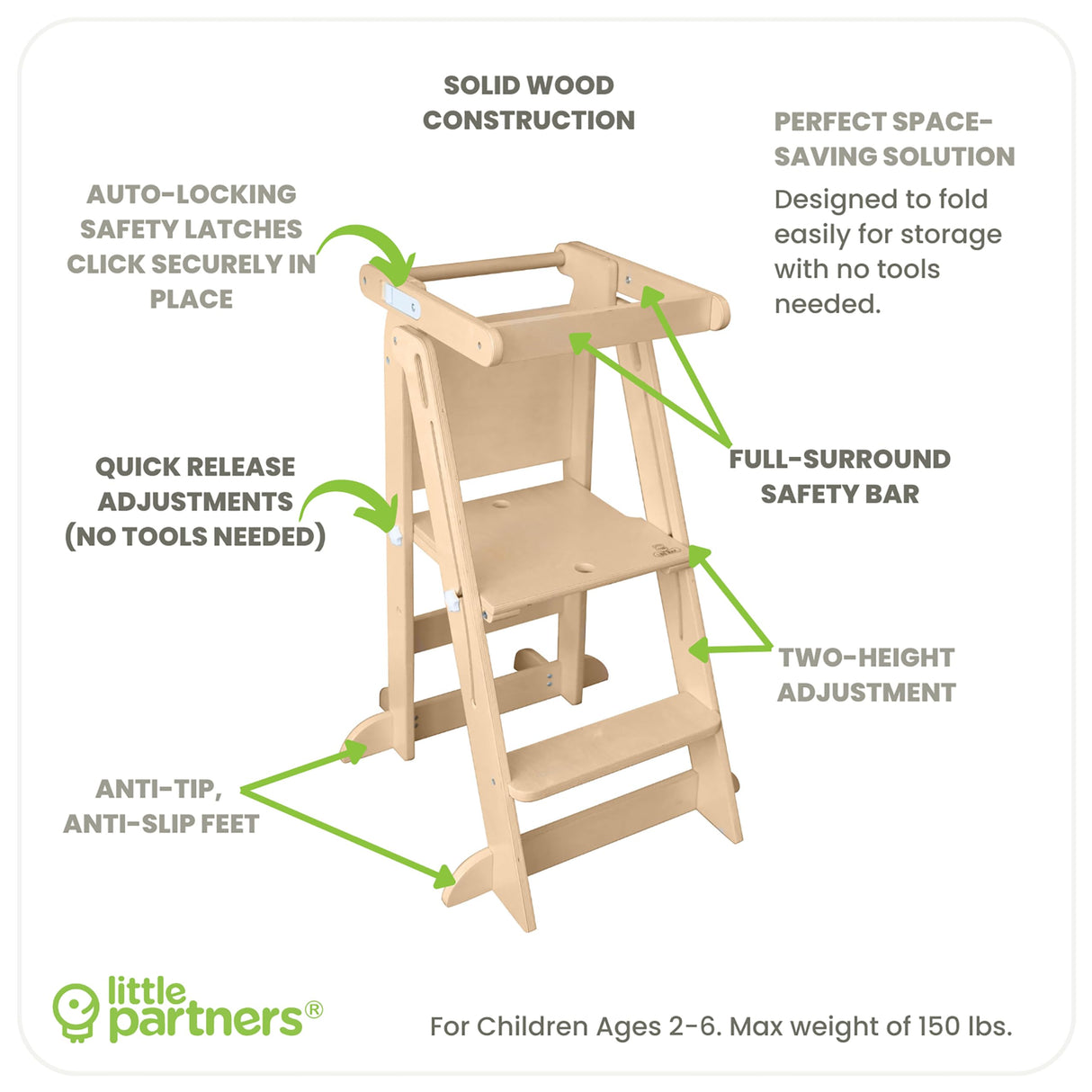 Little Partners Learning Tower Foldable Toddler Tower - Learn 'N Fold Toddler Kitchen Stool for Kids 2 to 6, Folding Toddler Tower (Natural) Little Partners