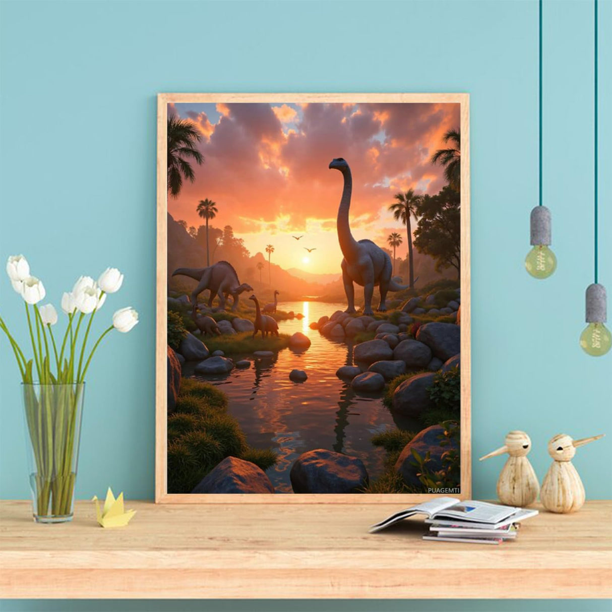 PUAGEMTI Sunset Dinosaur Valley Scene Diamond Art Kits for Adults, 5D DIY Full Drill Diamond Painting Kits for Adults Beginners, Diamond Painting Kit for Wall Home Decor (No Frame) 12x16 Inch PUAGEMTI