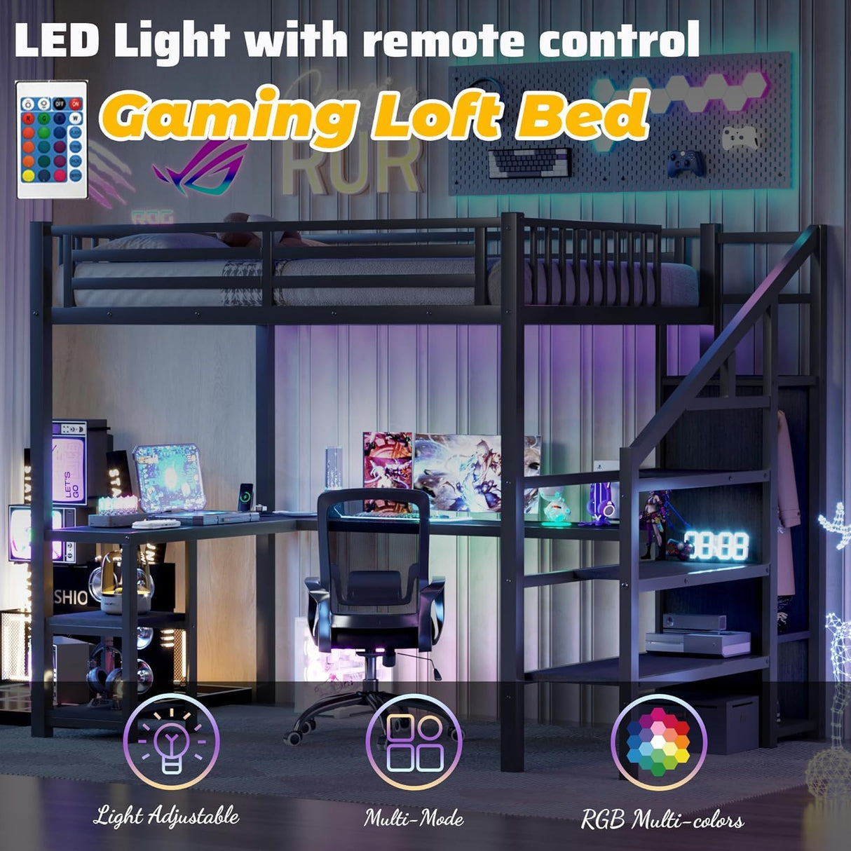 Duxelifin Full Size Loft Bed Heavy-Duty Metal Loft Beds with Desk & LED Lights, High Lofted Bed with Stairs and Charging Station, Gaming Loft Tall Bed for Boys Girls and Teens (Black) Duxelifin