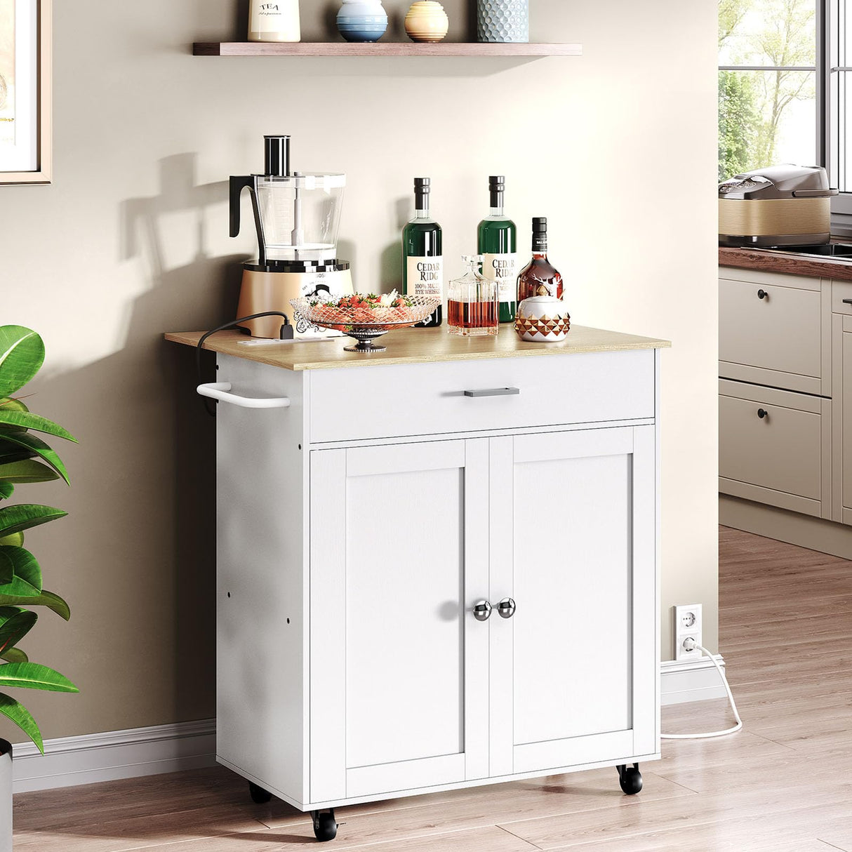 CHOEZON Kitchen Island Cart with Storage, Kitchen Island Table with Charging Station, Kitchen Island on Wheels, Kitchen Table with Cabinet, Expandable Tabletop, White and Natural MZD01UWNN1 CHOEZON