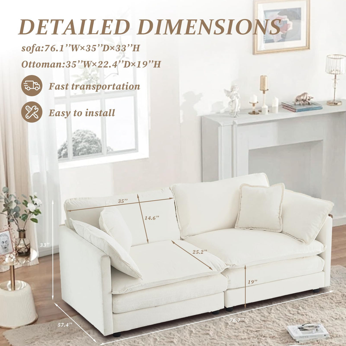 SoarFlash Chenille Sectional Sofa, Comfy Modular Loveseat Sofa, Modern 2-Seat Couch Deep Seat Sofa Set for Living Room,White SoarFlash