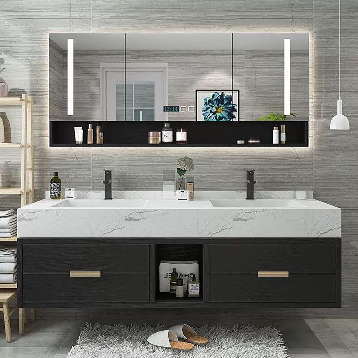 TIZAZO Bathroom Vanity with Double Sink - 72IN Bathroom Sink Vanity with One - Button Defogging & Human Body Sensor Light | 4 Drawers, Black TIZAZO