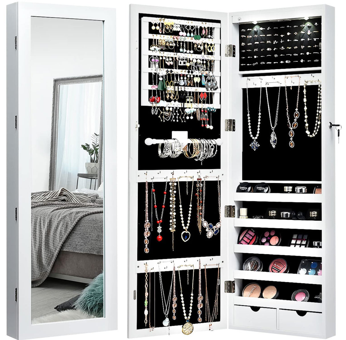 Giantex Jewelry Armoire Wall Door Mounted, Lockable Jewelry Cabinet with 42.5'' Full Length Mirror, 2 LEDs Jewelry Organizer Box with 2 Drawers, Mirror with Jewelry Storage (White) Giantex