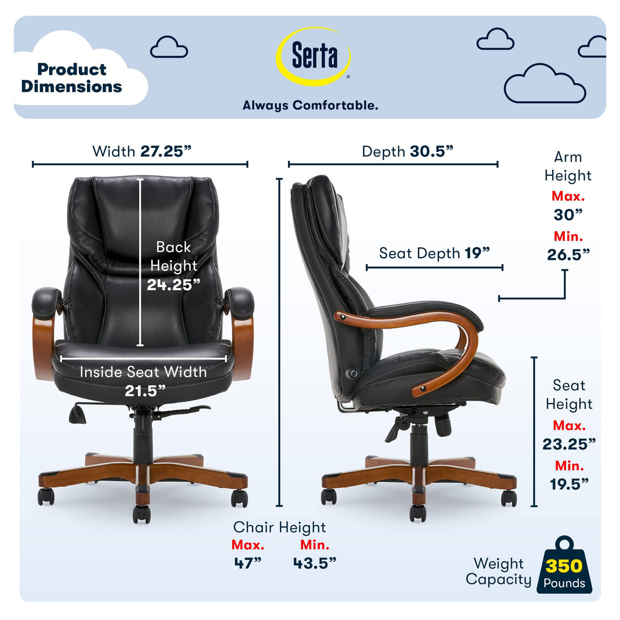 Serta Conway Big and Tall Executive Office Wood Accents, Adjustable High Back Ergonomic Computer Chair with Lumbar Support, Bonded Leather, 30.5D x 27.25W x 47H in, Black Serta