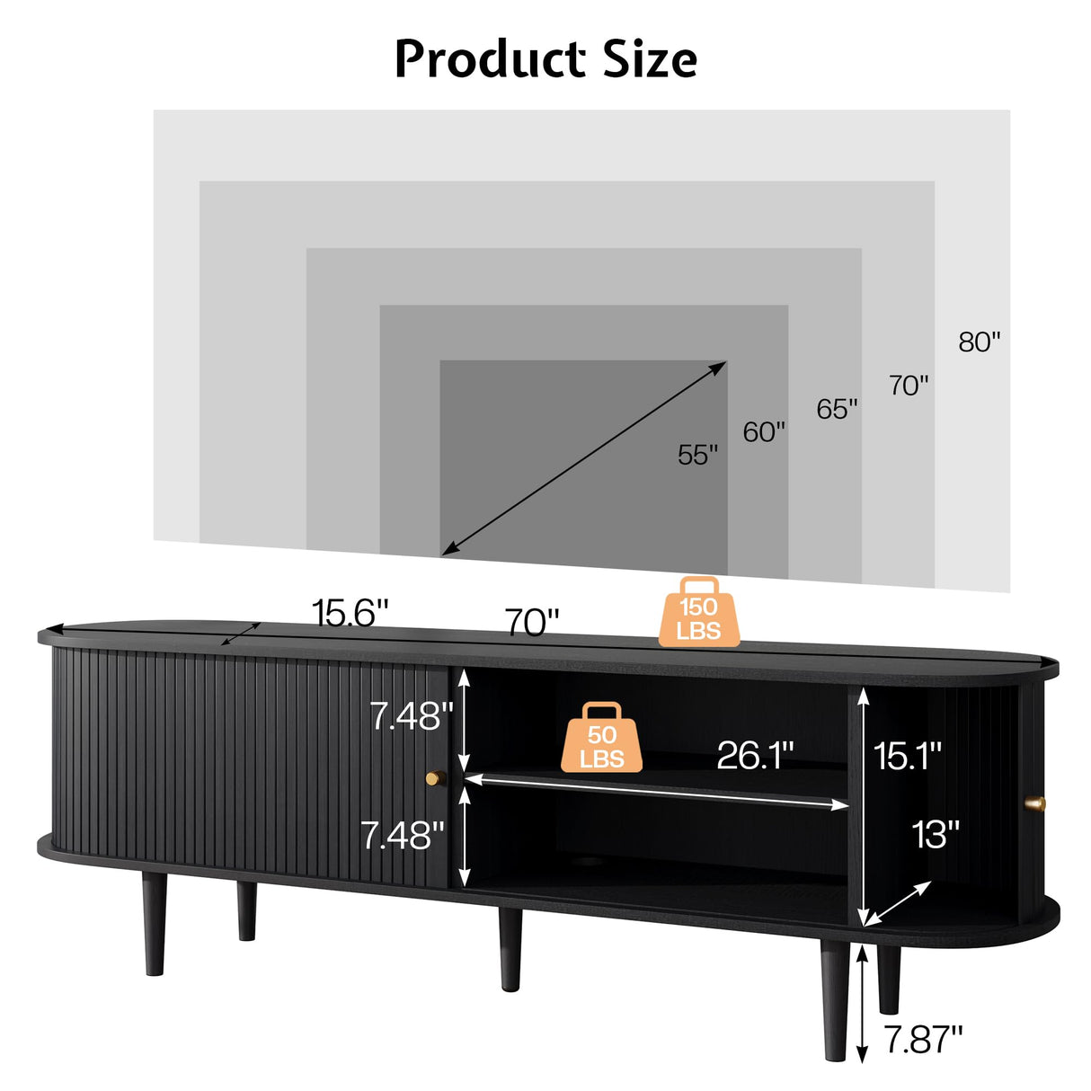 LUXOAK 70" Mid-Century Modern TV Stand with Tambour Door, TV Console with Solid Wood Legs for TVs up to 80", Fluted Entertainment Center with Storage for Living Room, Black LUXOAK