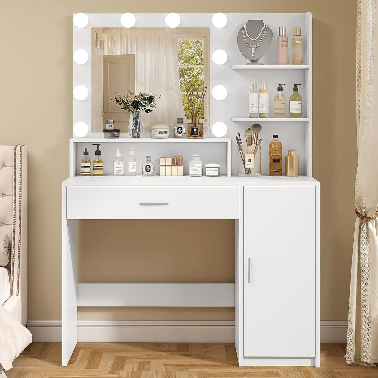 Quimoo Makeup Vanity Desk with Mirror and Lights, Vanity Desk with Large Drawer & Shelves & Cabinet, 3 Color Modes & Adjustable Brightness, Dressing Table Set for Bedroom,White Quimoo