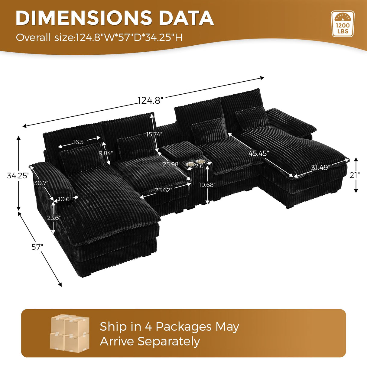 HYJT-H&K 124" U Shaped Cloud Couch Sectional, Comfy Fluffy Plush Corduroy Black Sectional Couches for Living Room, Modern Modular Corduroy Couch Sectionals with Central Console & Double Chaise Lounge HYJT-H&K
