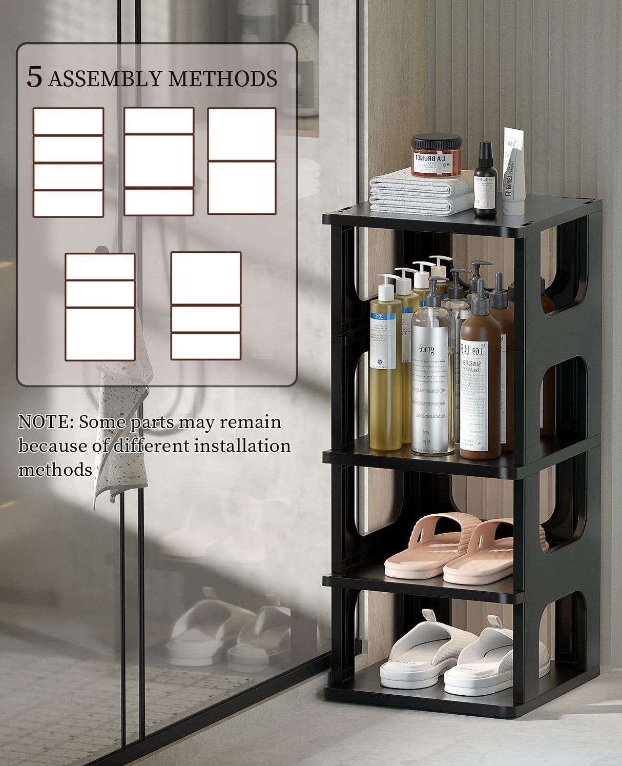 Shoe Organizer Rack for Small Spaces 5 Tier Plastic Vertical Narrow Shelves for Closet Black Shoe Holder, Stand for Entryway Storage Boots Organizer Stackable Cabinet HAIXIN