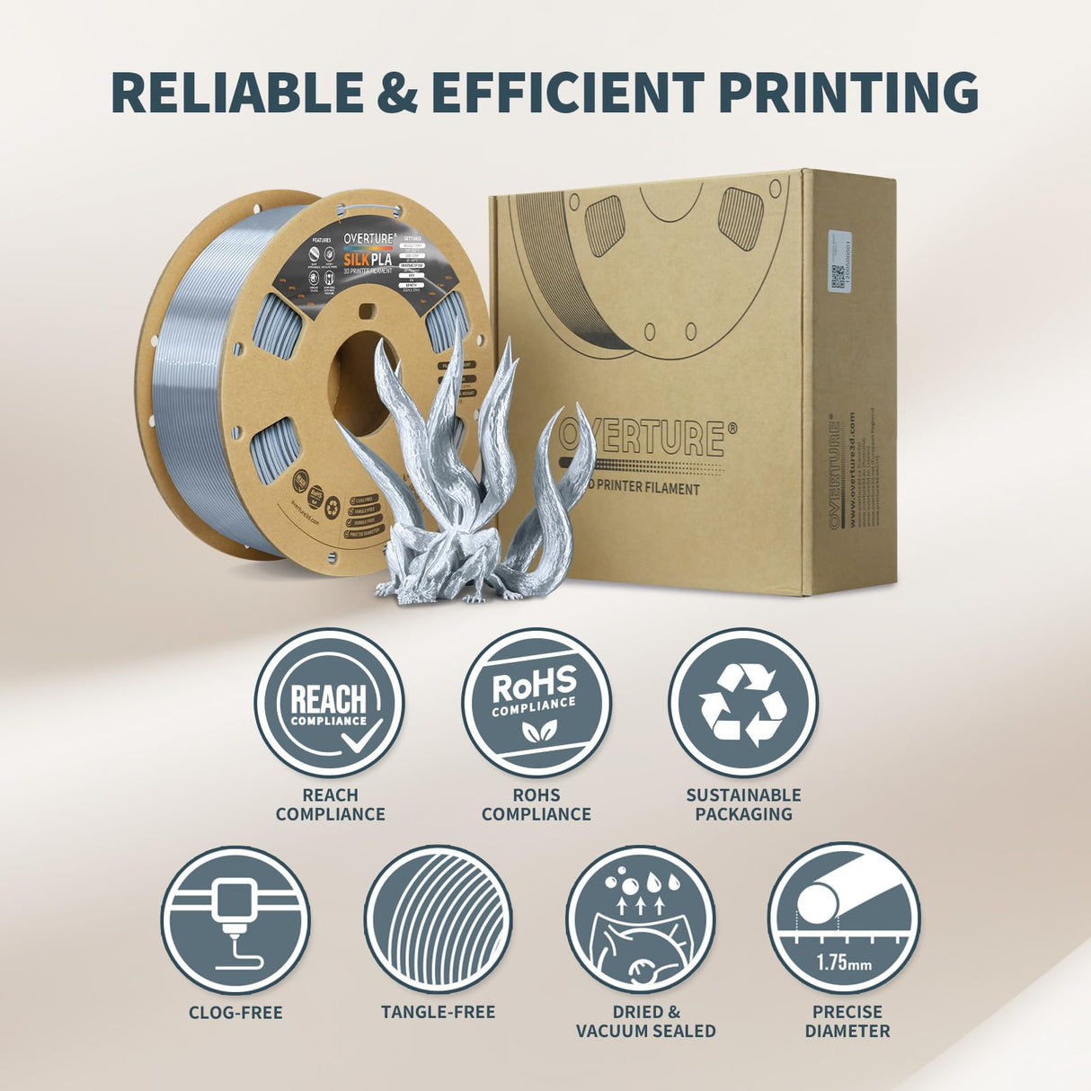 OVERTURE Silk Filament PLA 1.75mm Clog-Free Shiny 3D Printer Consumables, 1kg Spool (2.2lbs), Dimensional Accuracy +/- 0.02 mm, Fit Most FDM Printer(Silk Silver) OVERTURE