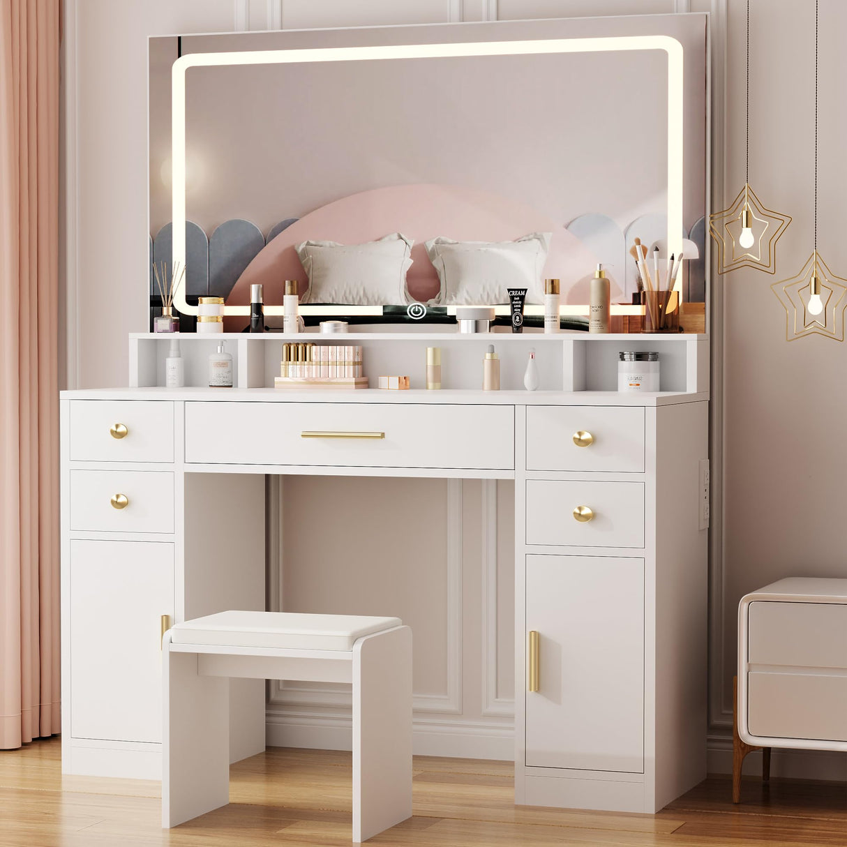 ANWBROAD Vanity Desk Set with Large LED Lighted Mirror Power Outlet Makeup Vanity Table 3 Color Lighting Modes Dressing Table with 5 Drawers and 2 Cabinets Cushioned Stool for Bedroom, White UBDT57W ANWBROAD