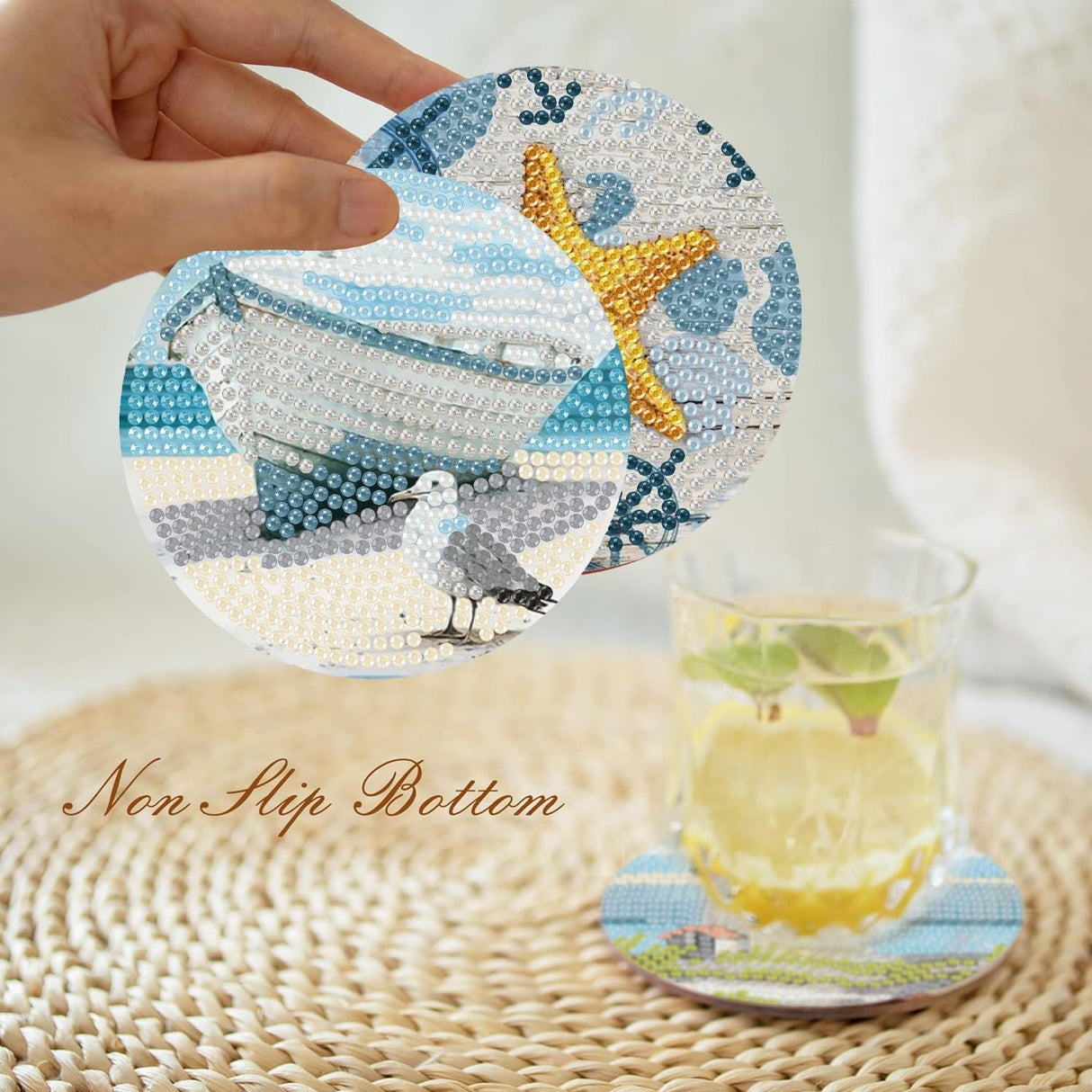 Summer Beach Diamond Art Coaster Kit with Holder,8pcs Diamond Painting Coaster,Gem Art Coasters Kit for Home Wall Decor Amshem