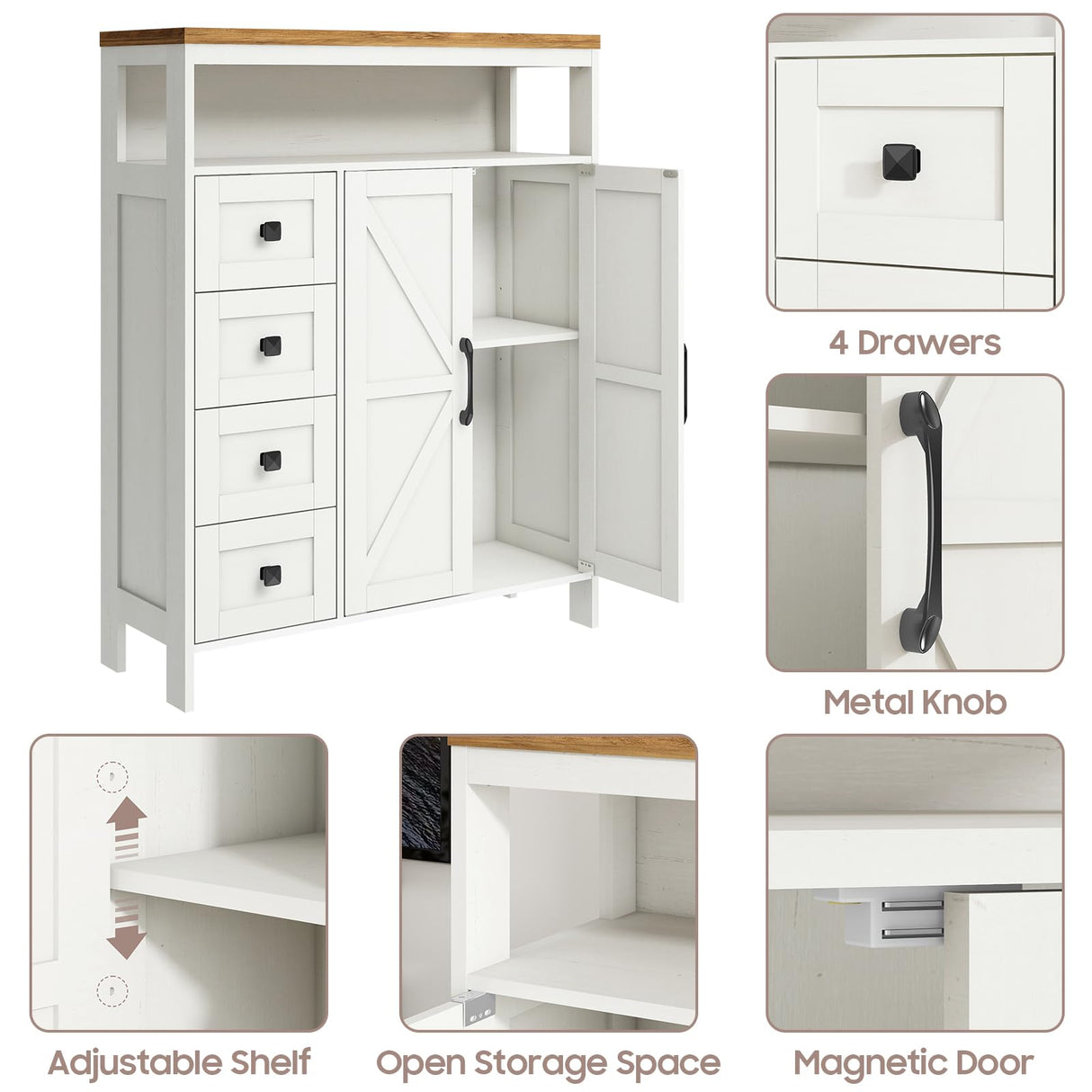 Halitaa Farmhouse Storage Cabinet with 2 Doors and 4 Drawers – Stylish Freestanding Unit for Bathroom, Kitchen, and Living Room Halitaa