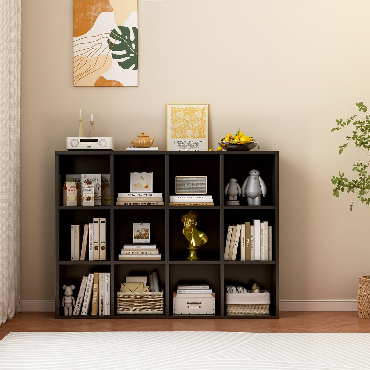 OSCHF 12-Cube Storage Shelf Bookcase - Wooden 3-Tier Floor Standing Open Bookshelf for Home and Office, Display Cabinet, Black OSCHF