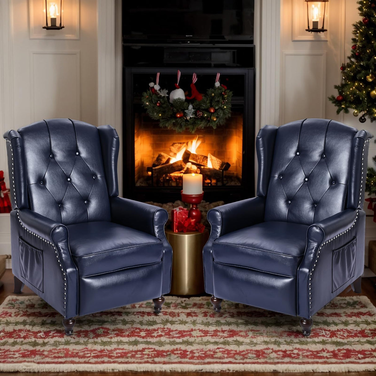 PALLOME Wingback Recliner Chair with Massage and Heat PU Leather Push Back Arm Chair, Recliner Chair for Living Room Bedroom Home Theater (2,Navy Blue) PALLOME