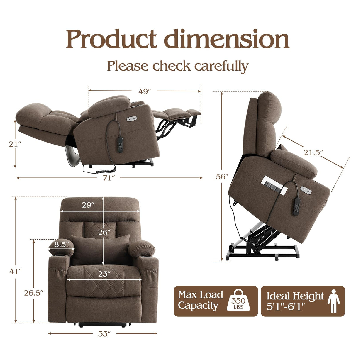 Power Lift Recliner Chair for Elderly with Extended Footrest, Infinite Position Lay Flat Recliner Chair for Adult W/Massage & Heating, Adjustable Headrest, 3-Motor Zero Gravity,Cup Holder, Fabric RESTREAL