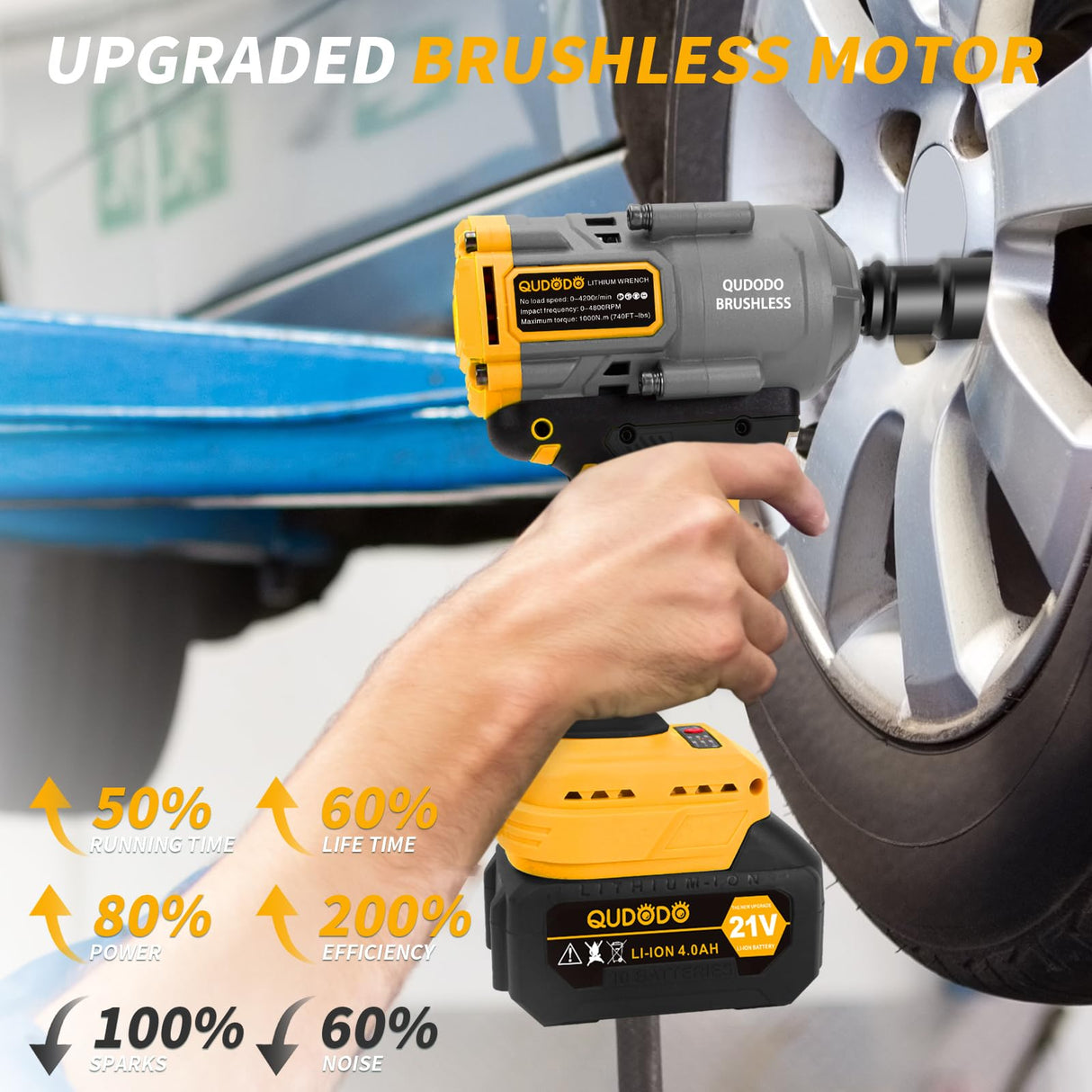 Qudodo 1000N.m 1/2" Impact Gun, 740ft-lbs 21V Cordless Impact Wrench with 2 x 4.0Ah Batteries 5 x Sockets, Power High Torque Pistolas llave De Impacto for Truck Car Mower Home Qudodo