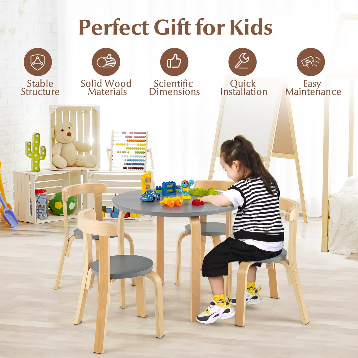 Costzon Kids Table and Chair Set, 5-Piece Wooden Activity Table w/ 4 Chairs, Toy Bricks, Classroom Playroom Daycare Furniture for Playing, Drawing, Reading, Bentwood Toddler Table & Chairs (Grey) Costzon