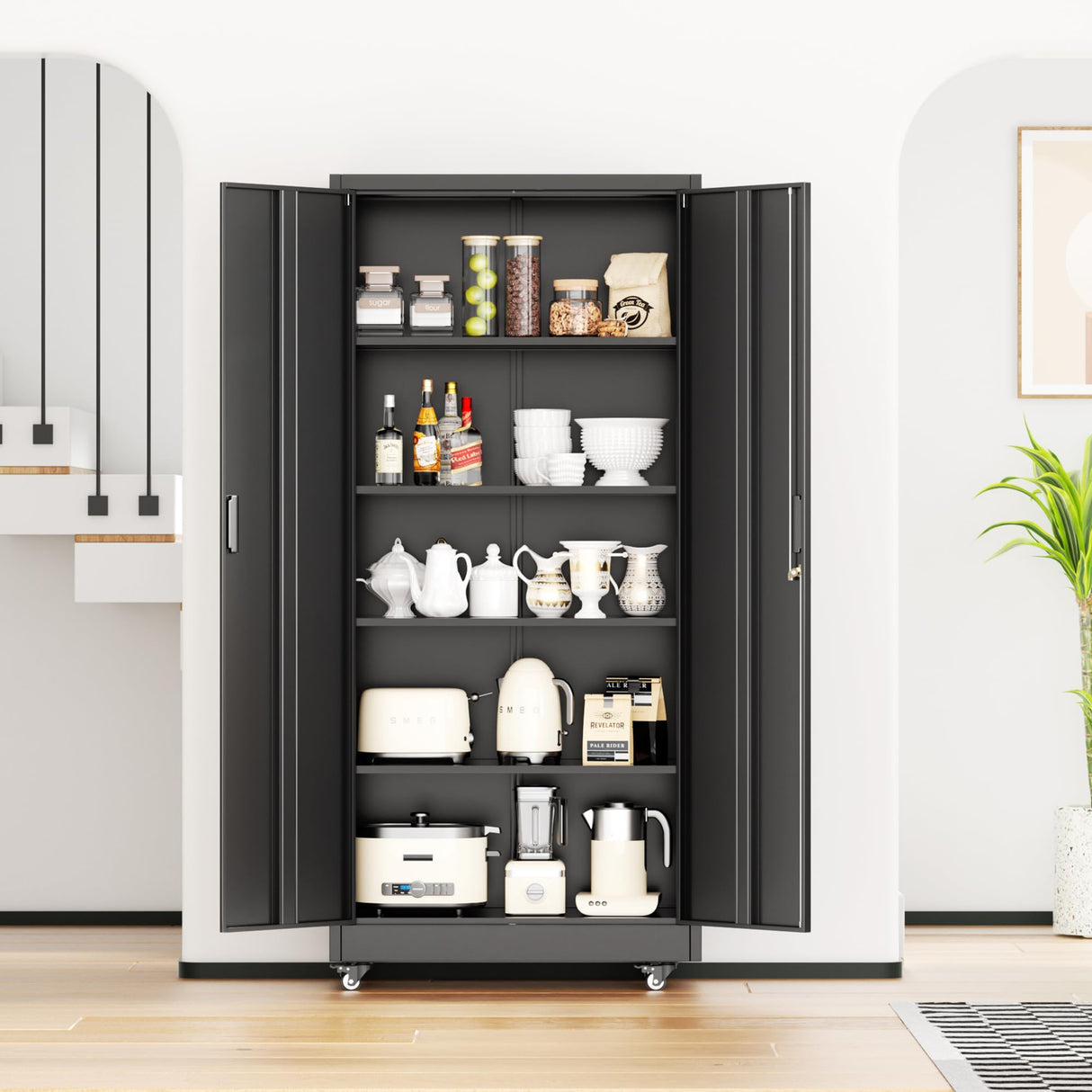 INTERGREAT Metal Garage Storage Cabinet with Wheels, 73" Tall Locking Cabinets with Doors and Shelves,Steel Lockable Cabinet on Wheels, Black Office Storage for Home/Garage INTERGREAT