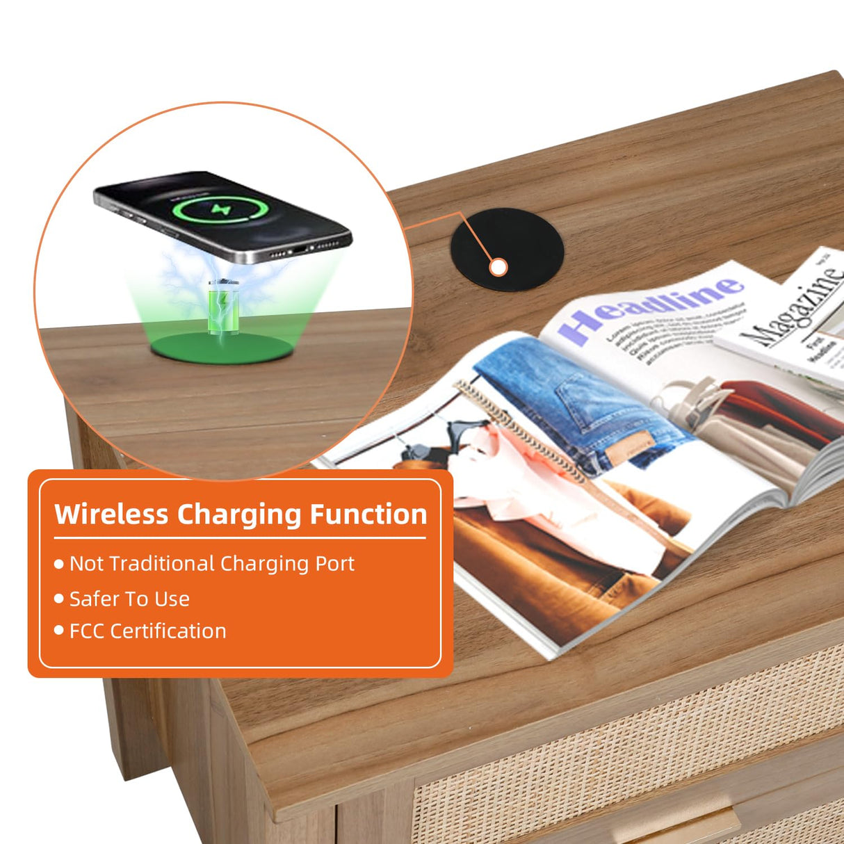 AILEEKISS Night Stand Set of 2 Rattan Nightstands with Wireless Charging Station, Wood Accent Bed Side End Tables with 2 Rattan Drawers, Modern Bedside Stand for Bedroom, Living Room (Natural Oak) AILEEKISS