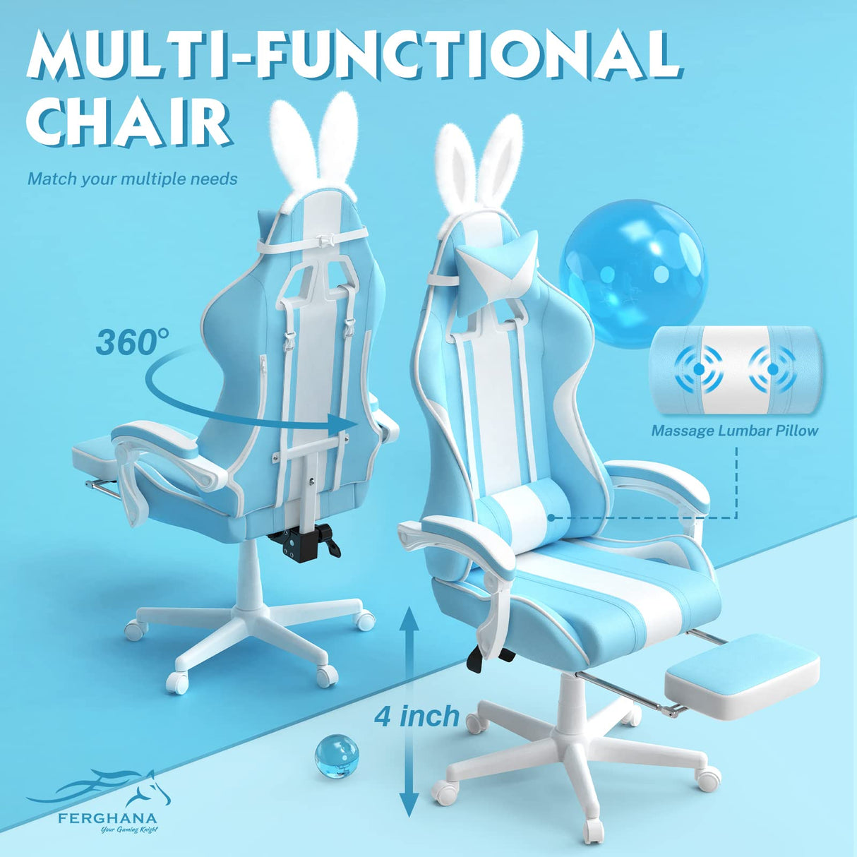 Ferghana Kawaii Light Blue Gaming Chair with Bunny Ears, Ergonomic Cute Gamer Chair with Footrest and Massage, Racing Reclining Leather Computer Game Chair 250lbs for Girls Adults Teens Kids Ferghana