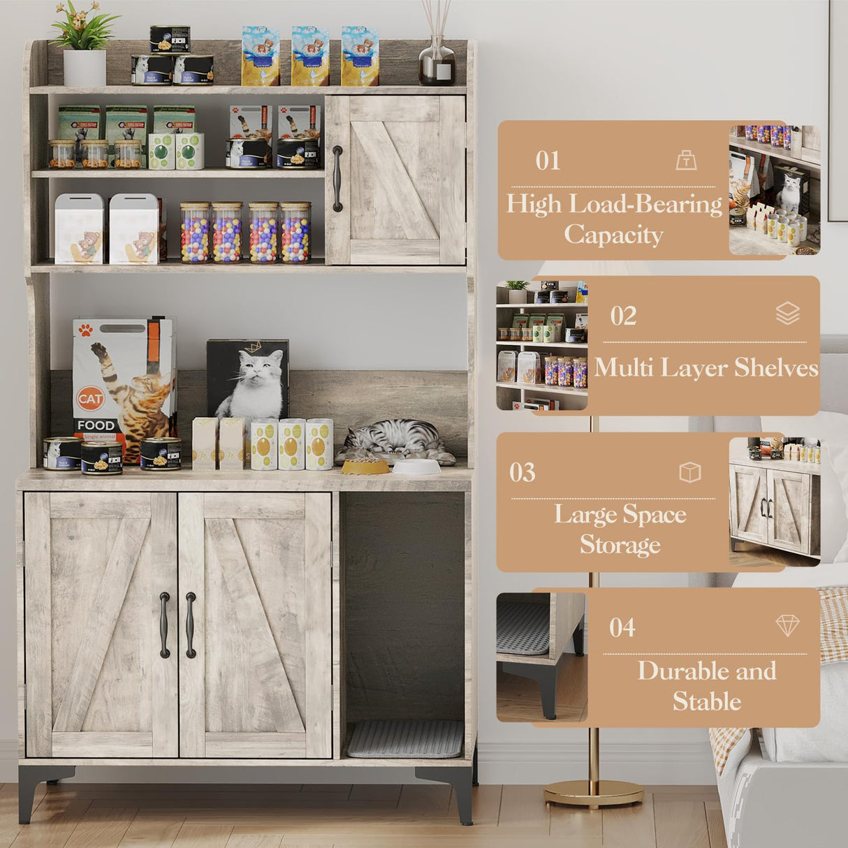 Cat Litter Box Enclosure Furniture with 4 Tier Storage Shelves, Hidden Litter Cabinet with Scratch Pad, Socket, Wooden Enclosed Cat Washroom House for End Table, Entryway Bench, Livingroom, Hallway Doppeltcharms