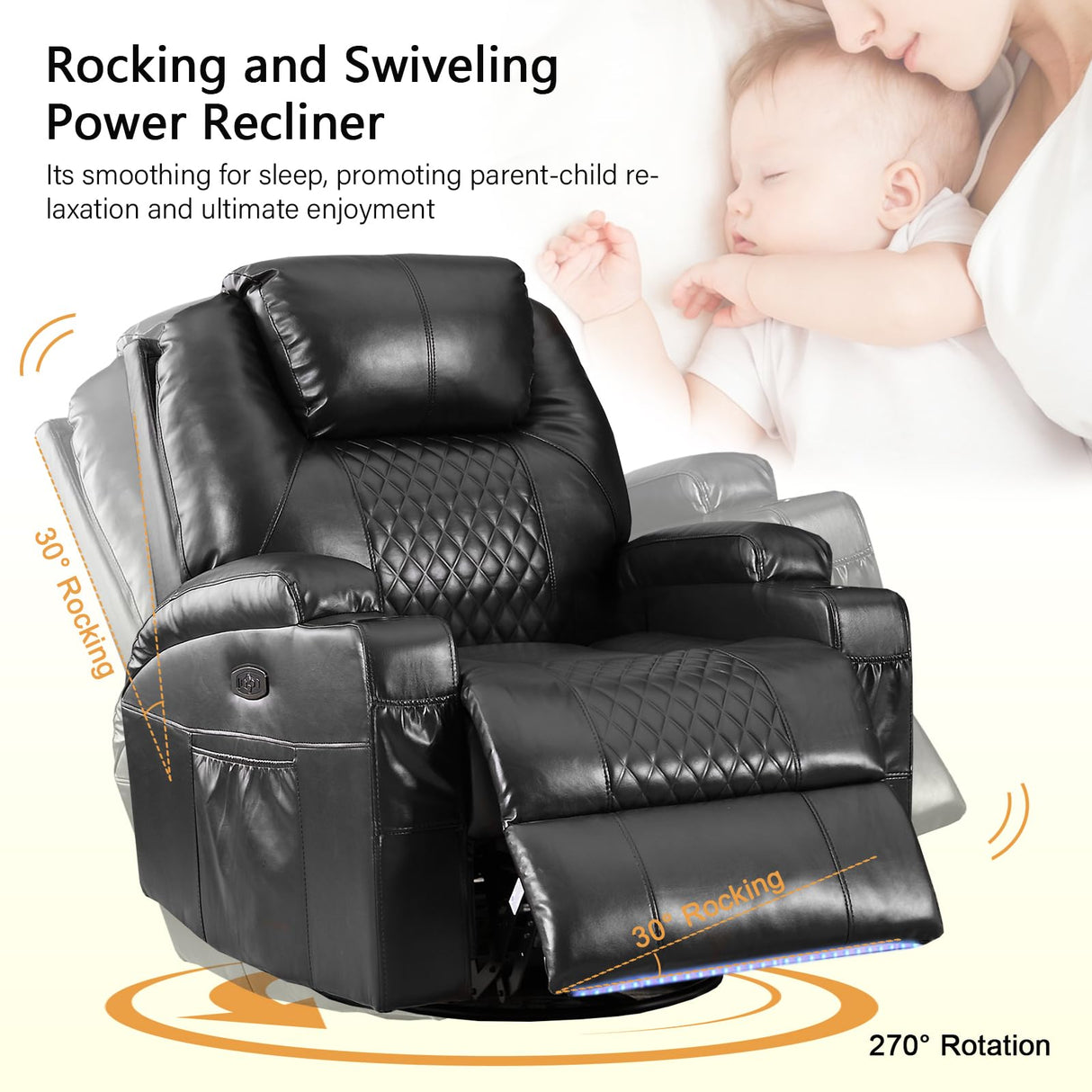 IBTKIG Power Swivel Rocker Recliner Chair with Massage and Heat/LED Lights/USB and Type-C Ports/Infinite Position/Cup Holder, Electric Glider Reclining Sofa for Nursery Living Room (1, Black) IBTKIG