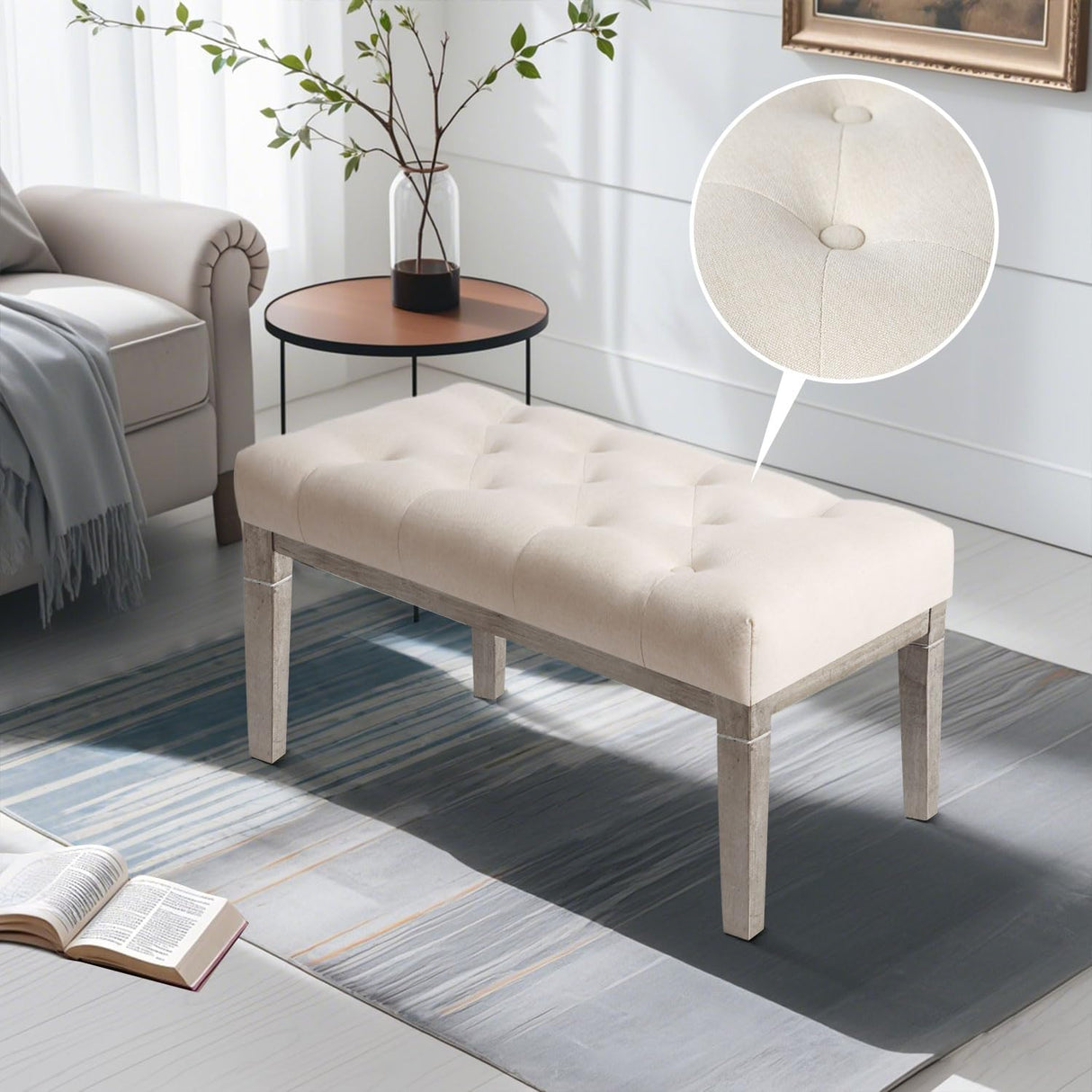 CangLong 27.5 inch Wide Rectangle Ottoman Bench, Tufted Fabric Footrest with Wood Leg for Living Room, Bedroom & Entry, Beige CangLong