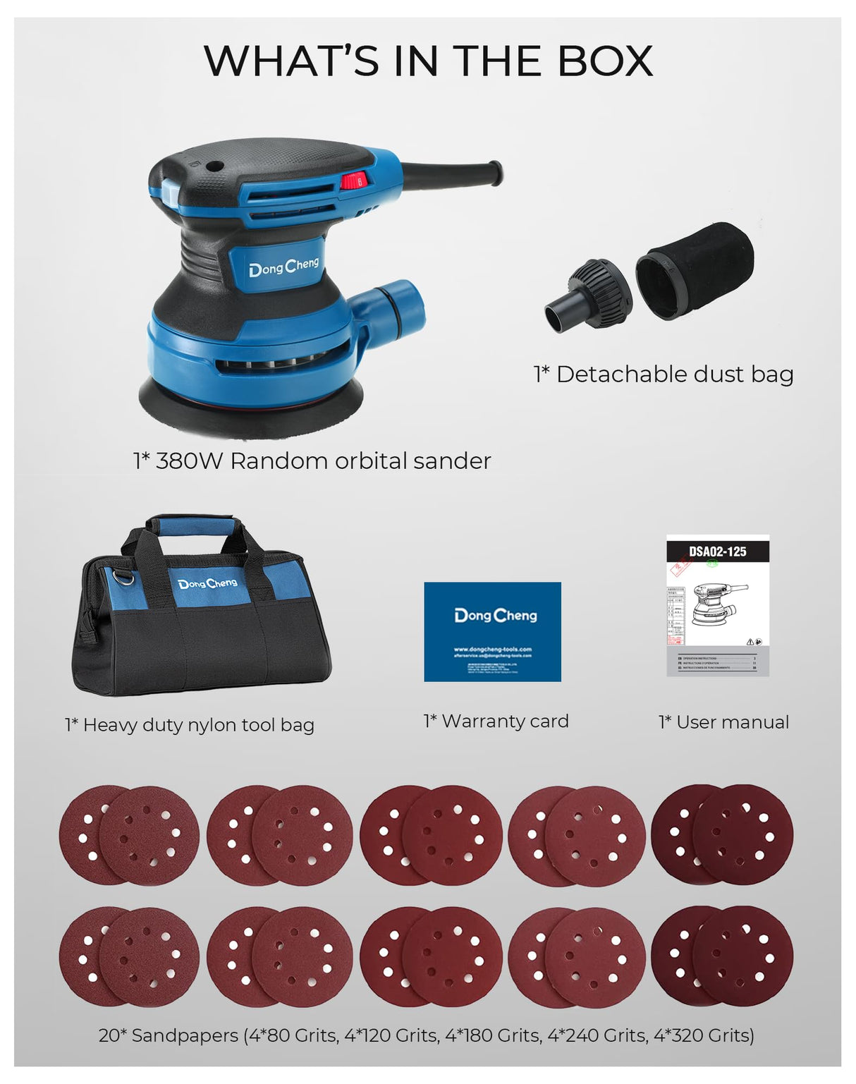 Dong Cheng 5-Inch Random Orbital Sander 380W 12800OPM Electric Palm Sander, 6 Variable Speeds, with 20pcs Sandpaper & Detachable Dust Bag, Power Sander for Woodworking, Sanding & Polishing Dong Cheng