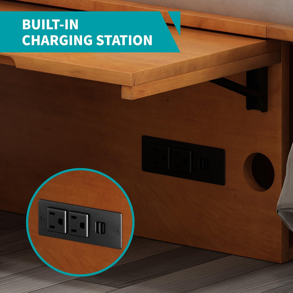 BALUS Queen Murphy Bed with Built-in USB Charging Ports & Bedside Panel, Wood Hidden Wall Beds, Modern Murphy Beds Cabinet Beds for Bedroom/Living Room - Cherry BALUS