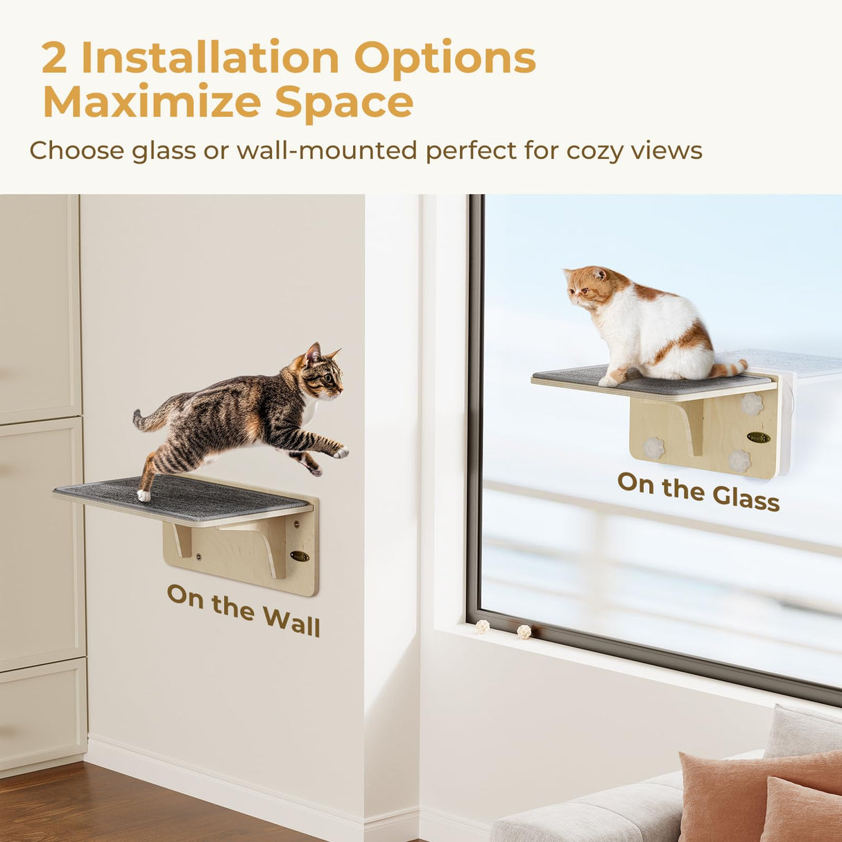 Pecute 2-in-1 Cat Window Perch & Wall Shelves - Sturdy Solid Wood Frame, 4 Large Rotating Suction Cups, Washable Carpet Cloth Cover, Space-Saving Indoor Cat Hammock Bed for Large Cats & Kittens Pecute