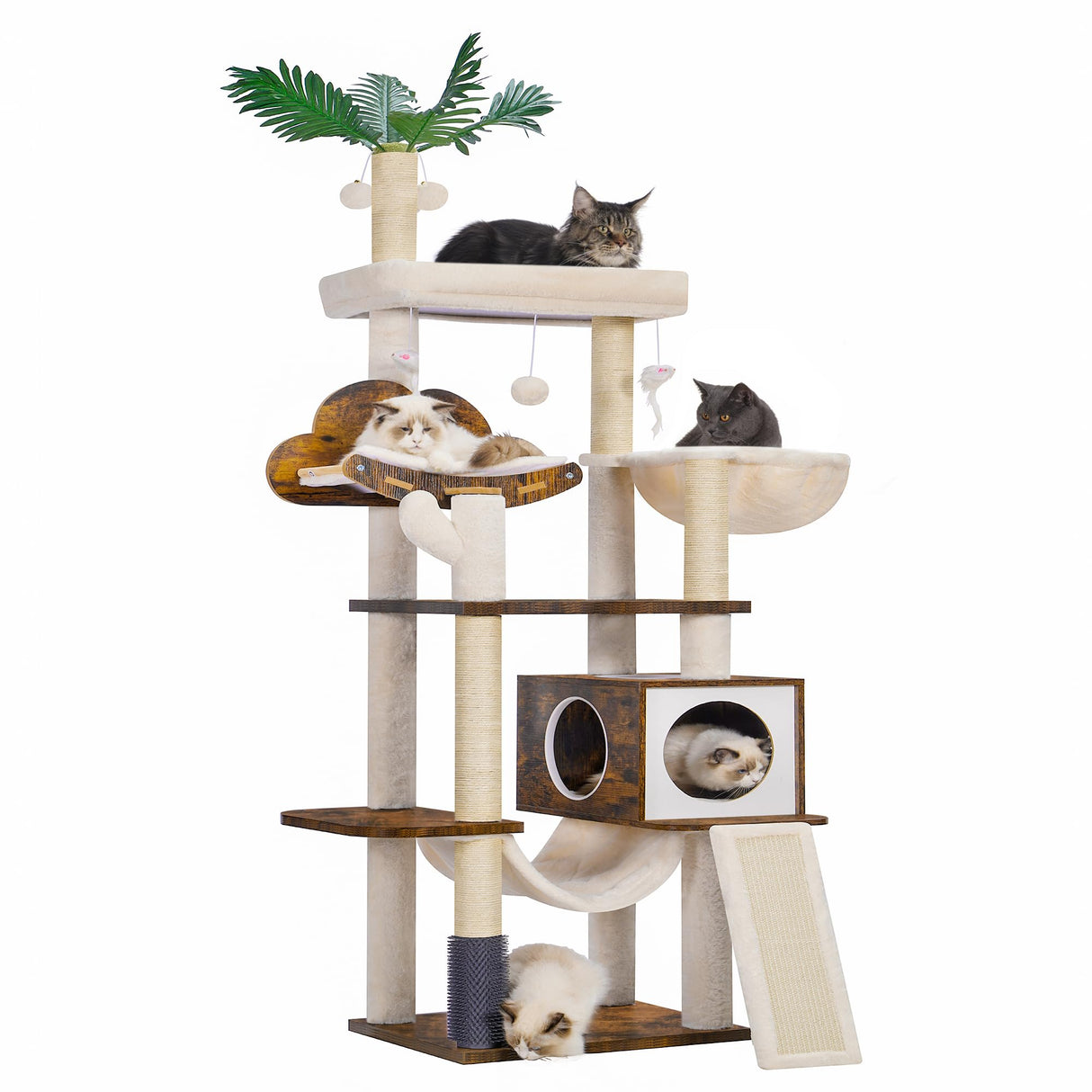Hebly Wood Cat Tree for Indoor Cats, Cat Condo for Large Cats with Self Groomer,Modern Cat Scratching Tower with Basket,Hammock,Dangling Ball and leaves,Rustic Brown HCT120SR Heybly