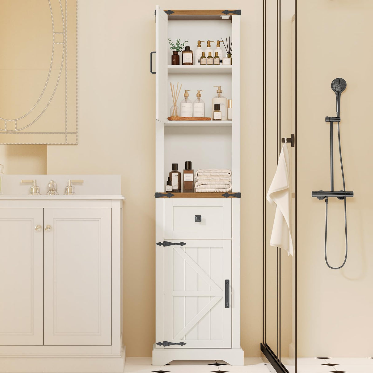66" Tall Farmhouse Bathroom Storage Cabinet with Barn Doors and Drawer, Narrow Storage Unit, Adjustable Shelves & 5-Tier Storage Space, Freestanding Cabinet for Bathroom, Living Room, Kitchen Vabches