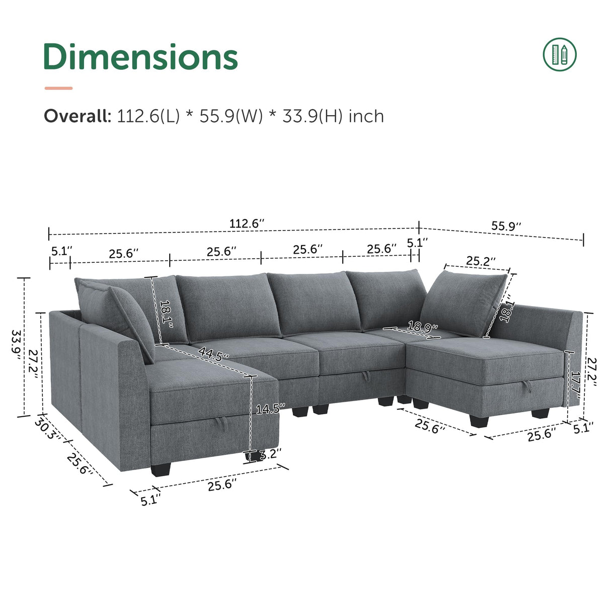 HONBAY Modular Couch U-Shaped Modular Sectional Sofa, Sectional Couch with Storage Seats (U Shape Sofa-2, Bluish Grey) HONBAY