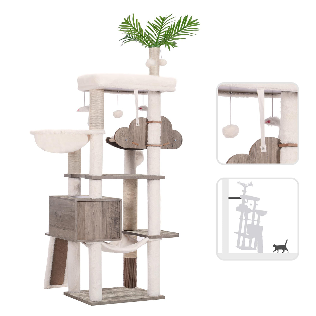 Hebly Wood Cat Tree for Indoor Cats, Cat Condo for Large Cats with Self Groomer,Modern Cat Scratching Tower with Basket,Hammock,Dangling Ball and Leaves,Rustic Gray HCT120SG Heybly