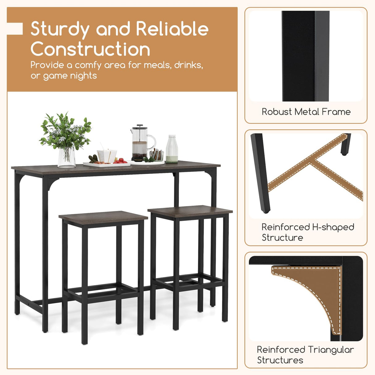 COSTWAY 3-Piece Dining Table Set, 47.5" Industrial Counter-Height Kitchen Table and 2 Bar Stools, High Top Rectangular Pub Table and Chairs for Dining Room Small Place Breakfast Nook Bistro (Grey) COSTWAY