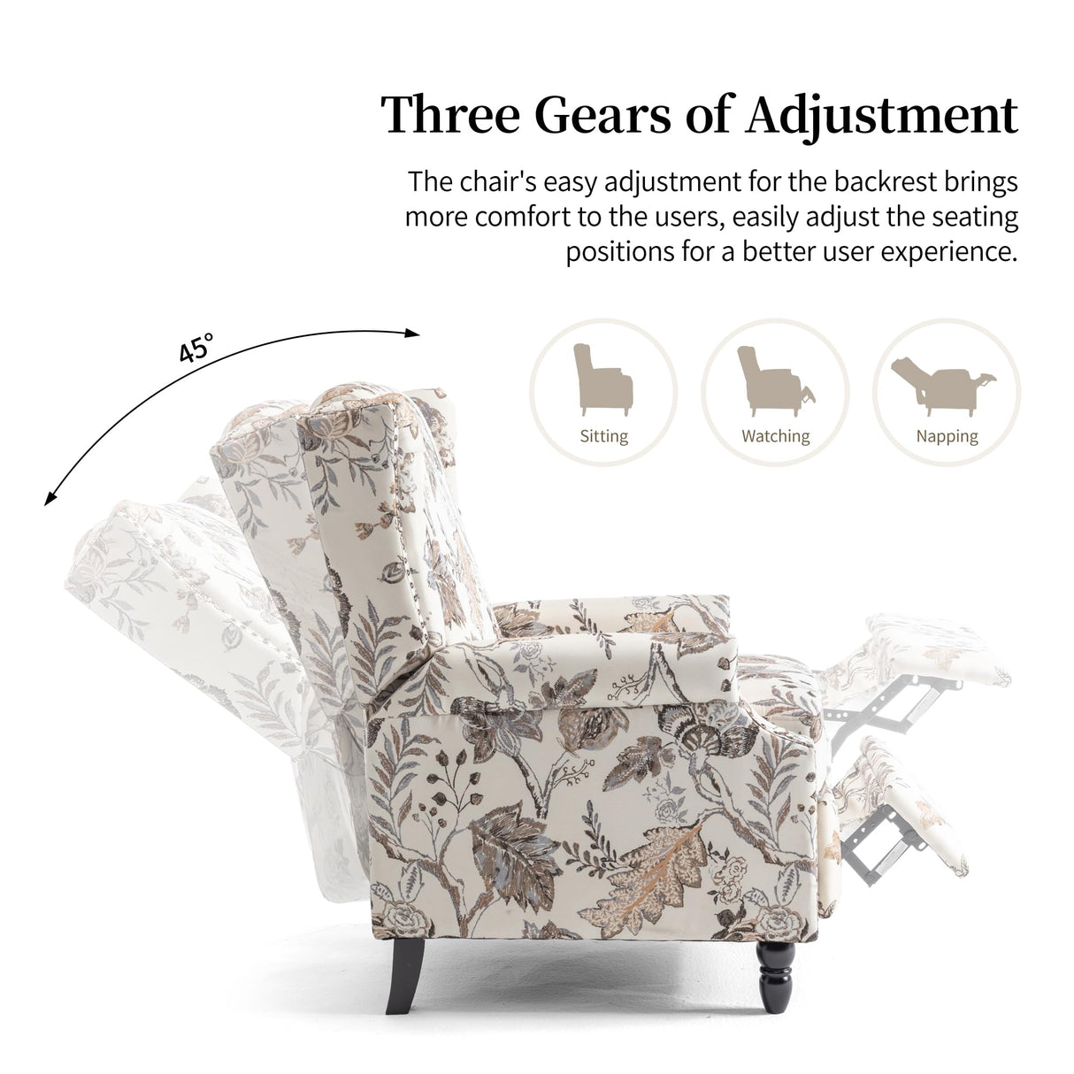 Pushback Recliner Chair Set of 2, Floral Fabric Wingback Recliner Chair, Upholstered Armchair Push Back Recliner, Rivet Trim Single Sofa Accent Chair with Wood Legs for Living Room, Plants Beige Lumibee