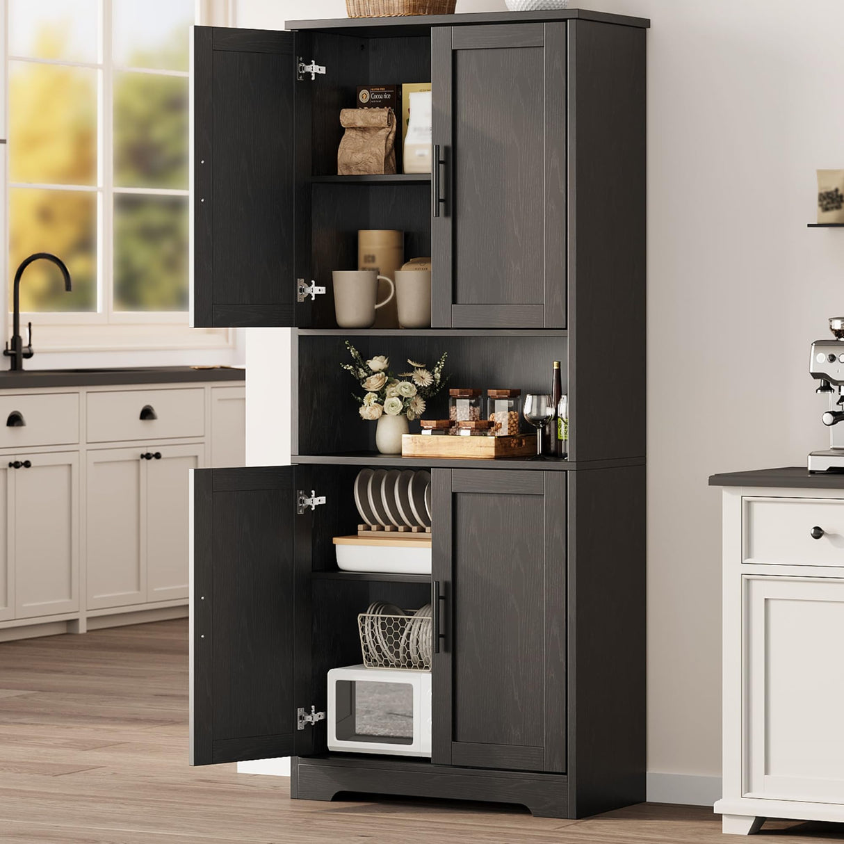 GarveeHome Tall Storage Cabinet, 70" Kitchen Pantry Cabinet with Doors and Adjustable Shelves, Rustic Wooden Cupboard for Dining Room, Living Room,Black GarveeHome