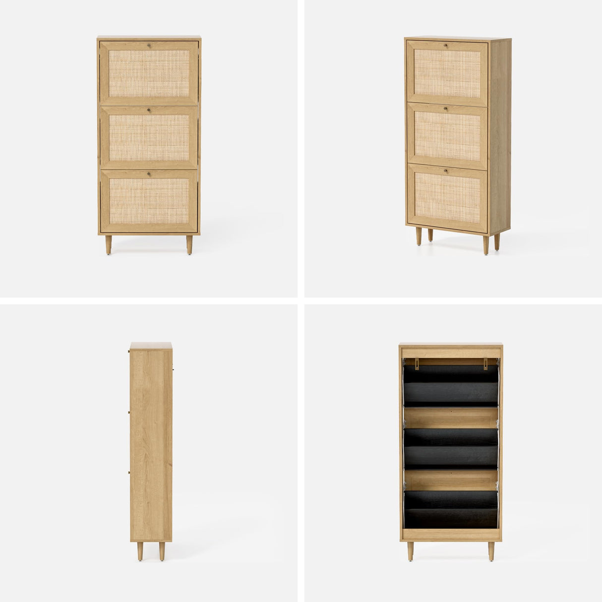 EYYTHUNG Rattan Shoe Cabinet Narrow Shoe Storage Cabinet with 3 Flip Drawers Hidden Freestanding Shoe Rack Organizer with Wood Legs for Entryway Slim, Hallway, Natural Oak EYYTHUNG