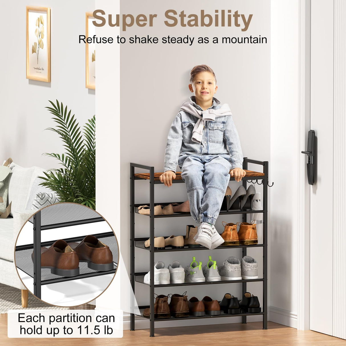 Refrze Shoe Rack for Front Door Entrance, 4 Tier Height-Adjustable Metal Shoe Rack, Sturdy Wooden Top and Tiltable Steel Frame Heavy Duty Shoe Organizer for Bathroom,Bedroom,Kitchen,Include Hook Refrze