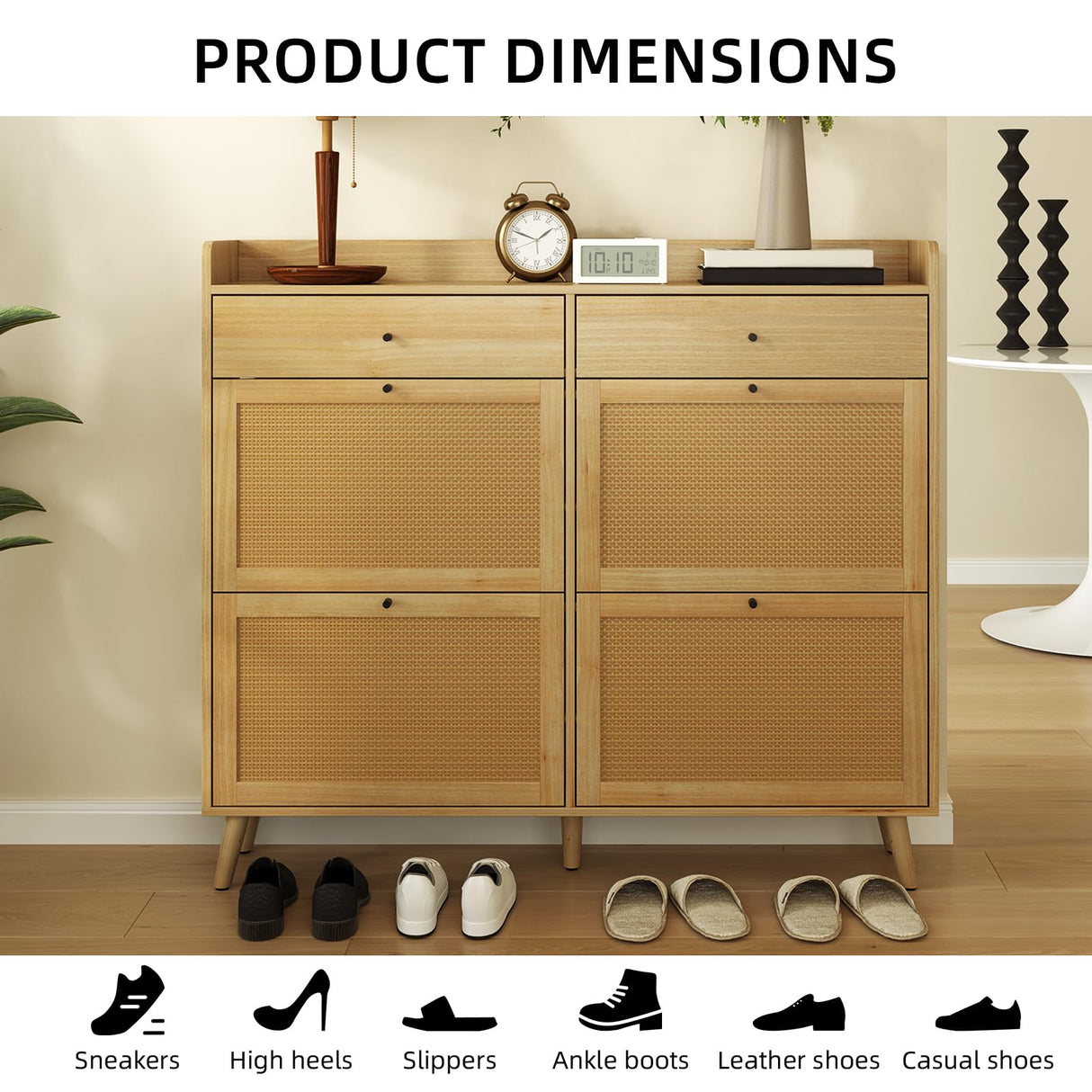 Rattan Shoe Storage Cabinet, Narrow Shoe Organizer with 4 Flip Drawers, 2 Drawers, Farmhouse Entryway Shoe Cabinet, Wooden Shoe Cabinet for Entrance, Hallway CuisinSmart