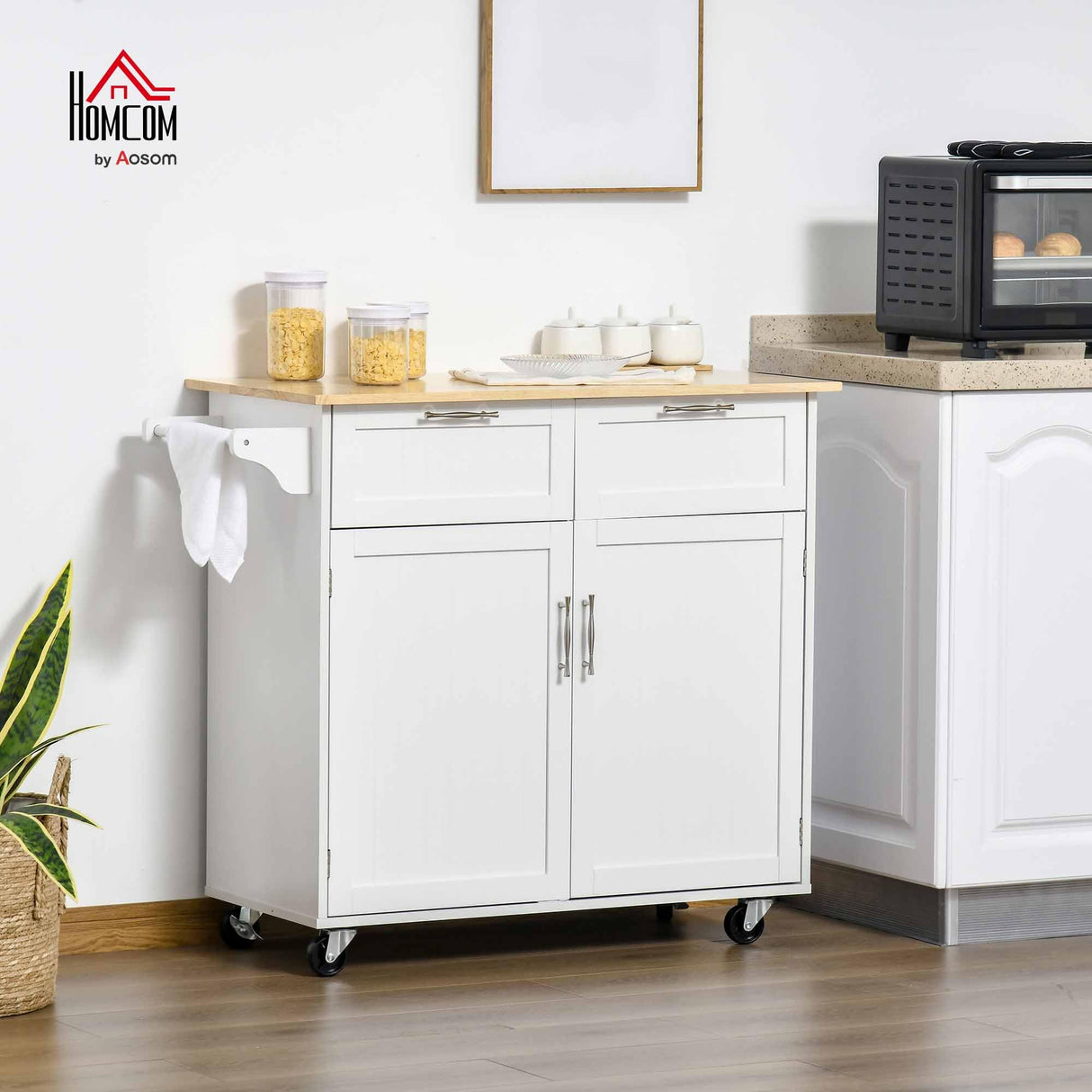 HOMCOM 41" Modern Rolling Kitchen Island on Wheels, Utility Cart Storage Trolley with Rubberwood Top & Drawers, White HOMCOM