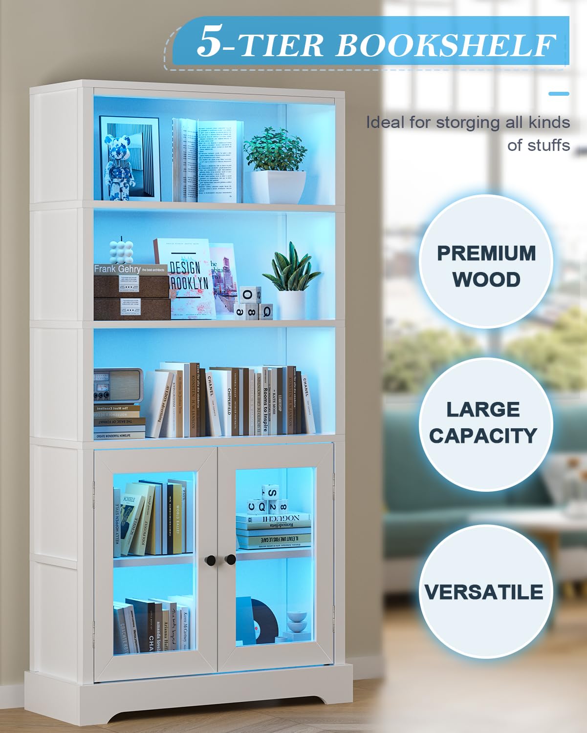 TVU 5-Tier Bookshelf, 65" Bookshelf with Multi-Color Ambient Lights (APP Remote Control), Tall Vertical Display Shelf with Cabinet Doors, Suitable for Living Room, Bedroom, Study, Office, White TVU